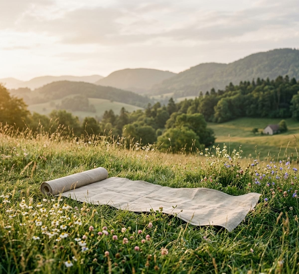 Un tapis de yoga déroulé dans une prairie fleurie, avec des collines boisées en arrière-plan