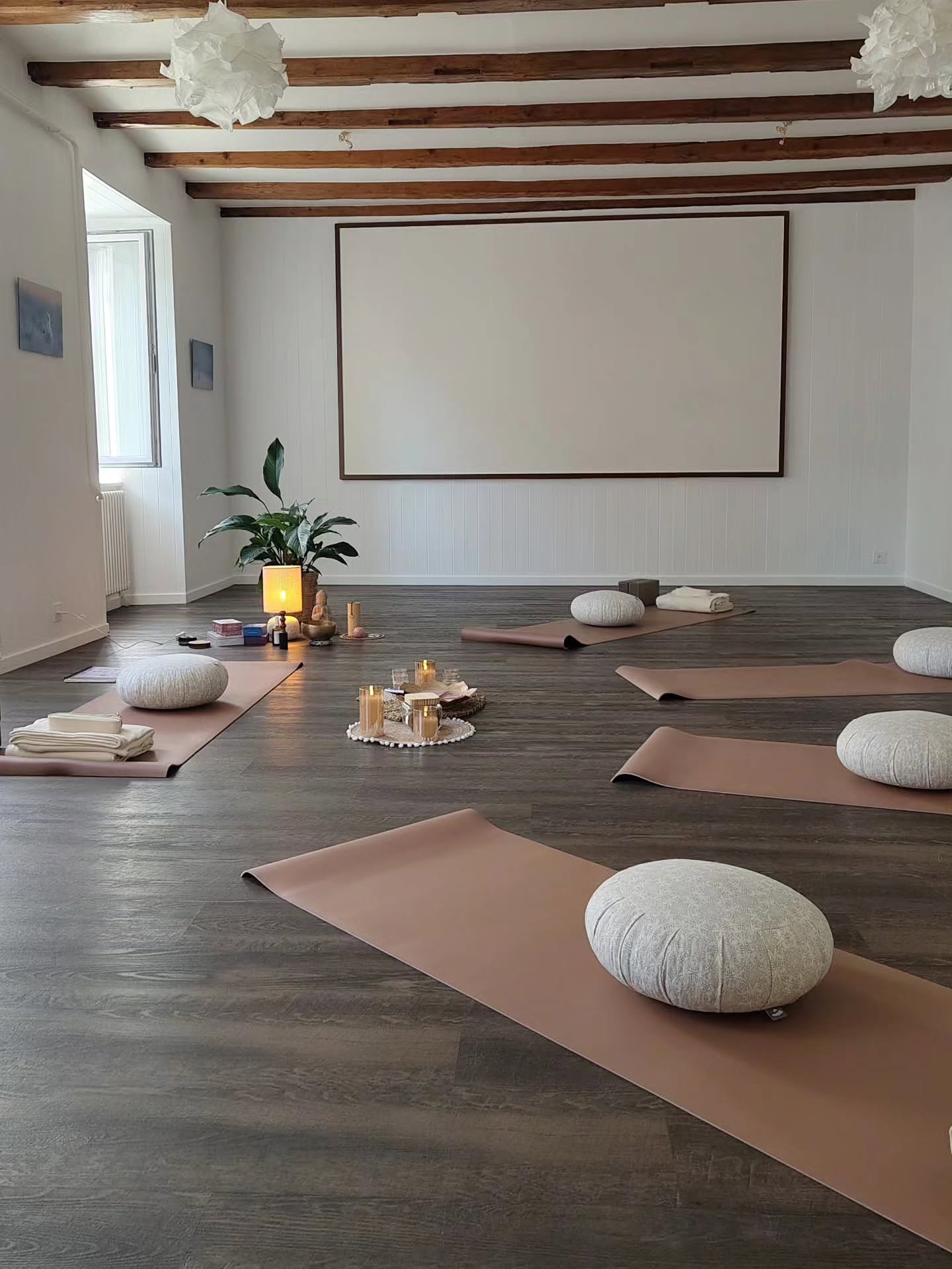 La salle de yoga de L’Arrosoir : des tapis rose poudré alignés, chacun accompagné d’un coussin de méditation, sous une charpente en bois et une lumière douce.